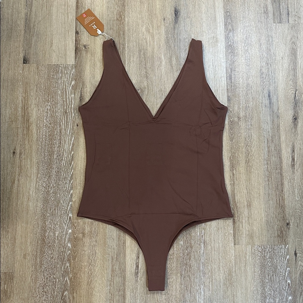 Brown V-Neck Bodysuit - sexy plunge deep v neck sleeveless double lined